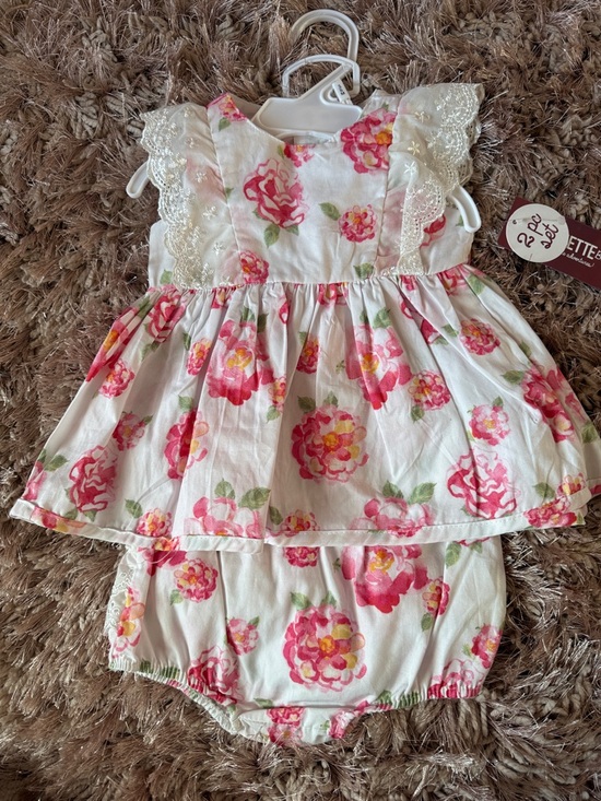 Nannette Baby Other - Girls White Pink Floral Ruffle Dress and Bloomers Set